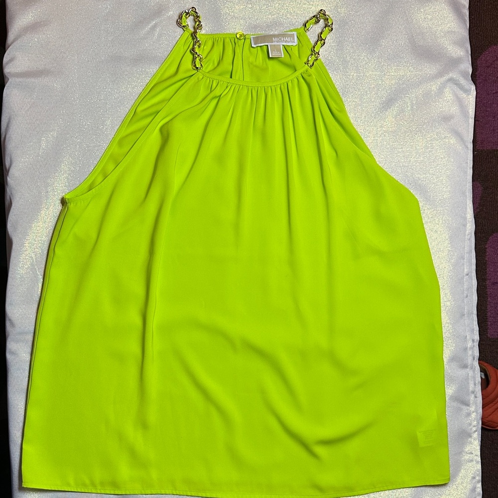 Michael Kors Neon Lime Chain-Shoulder Halter Top